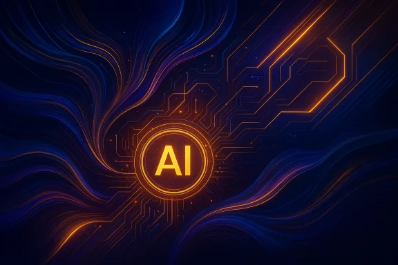 Neon “AI” icon at center surrounded by glowing circuit traces and swirling blue-orange wave patterns.