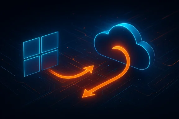Neon cloud sync icon on a glowing circuit board with arrows indicating data transfer.