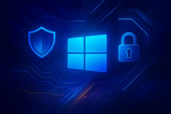 Futuristic cybersecurity graphic with a shield, window icon, and glowing lock on a blue circuit background.