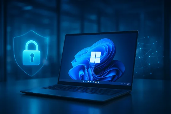 Blue-lit laptop shows Windows security and an open lock icon, symbolizing cybersecurity protection.