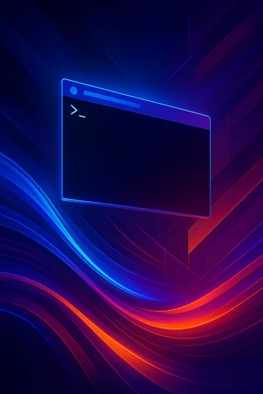 Neon tech backdrop with glowing outlined browser window on a blue-purple red swirling background.