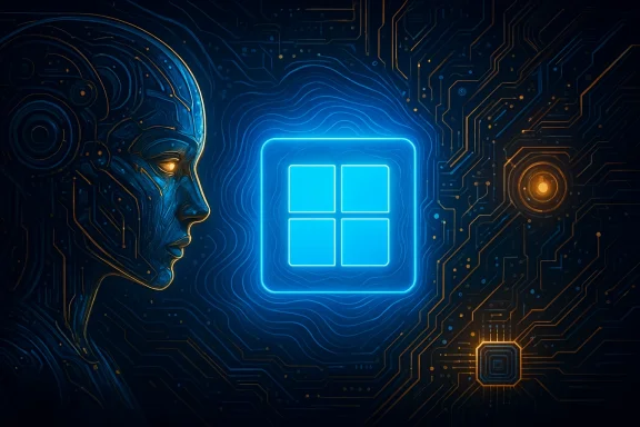 Futuristic blue circuit board with a glowing square UI icon, beside a metallic humanoid face.
