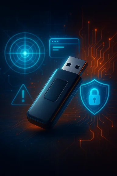 USB flash drive with glowing security and circuit icons on a digital cybersecurity background.