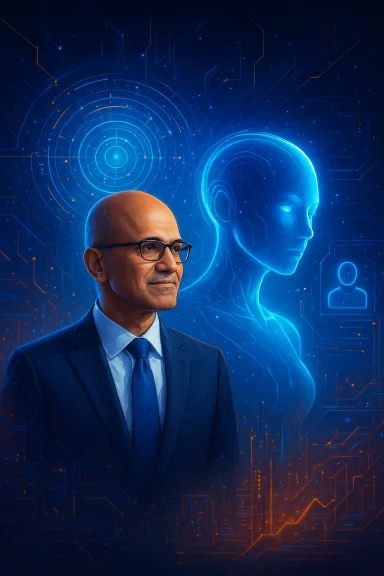Tech-themed portrait of an older man in a suit with a glowing blue AI head and circuit patterns.