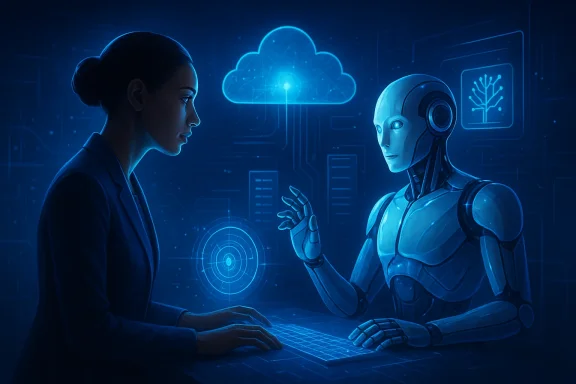 Futuristic AI robot converses with a human beside glowing cloud and network tech interfaces.
