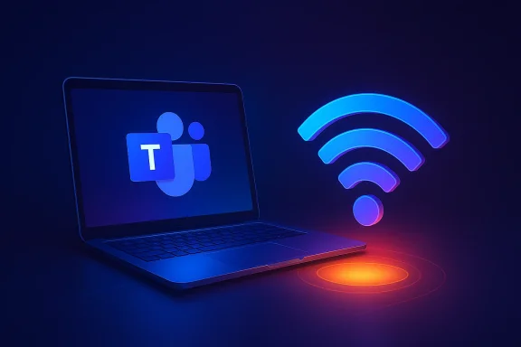 Neon-blue laptop shows a Teams-style icon while a glowing Wi‑Fi signal hovers beside it.