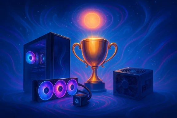 Futuristic gaming setup on a cosmic swirl, with a glowing trophy, PC fans, and power supply under a starry sky.