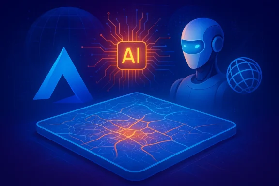 Neon AI chip and globe icons over a glowing digital map, with an abstract robot on a blue circuit background.