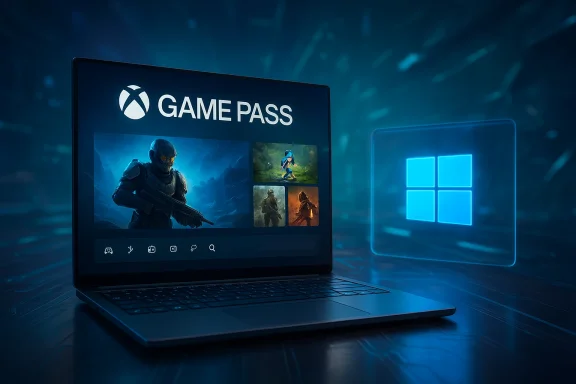 Gaming laptop screen shows “GAME PASS” with game thumbnails, glowing in a blue digital network scene.