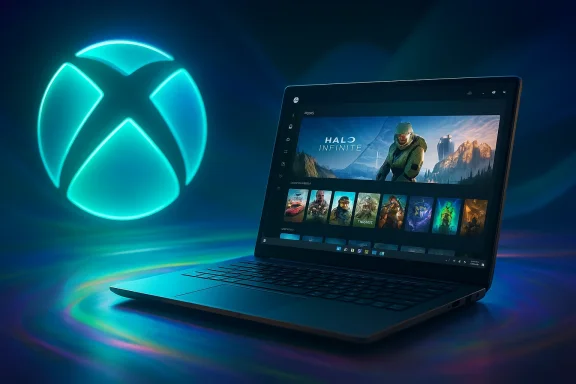 Neon-lit laptop displaying a game selection, with a glowing circular icon in the background.