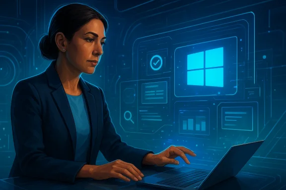 A woman in a blue-lit office uses a laptop beside glowing Windows and tech interface graphics.