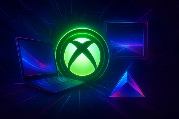 Neon green power symbol glows at center amid cyber circuit lines and laptop screens in blue/purple light.