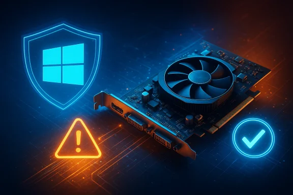 Futuristic graphics card surrounded by shield, warning triangle, and checkmark icons.