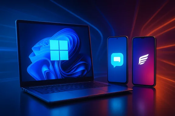 Laptop with Windows logo beside two smartphones displaying chat icons, set against colorful neon light streaks.