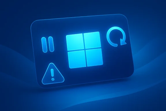 Neon blue Windows logo with copy and warning icons on a glowing abstract background.