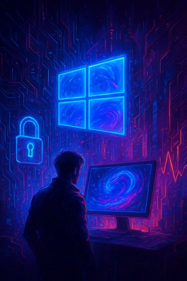 Neon cyberpunk hallway with a lone figure in front of glowing screens and a blue digital swirl.