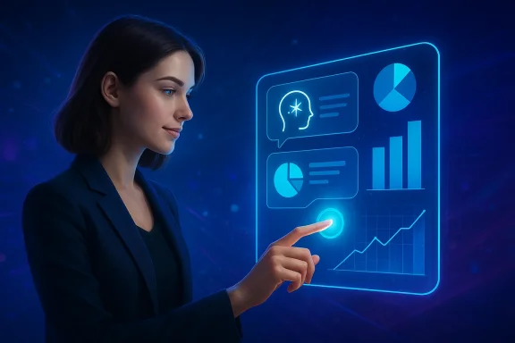 Woman in a suit points at glowing blue analytics charts on a futuristic display.