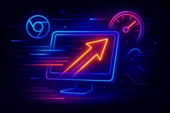 Neon cyber dashboard shows an upward analytics arrow with a glowing clock and speed lines.