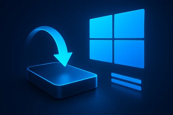 Neon blue server icon with an arrow pointing to a four-panel Windows-style display.