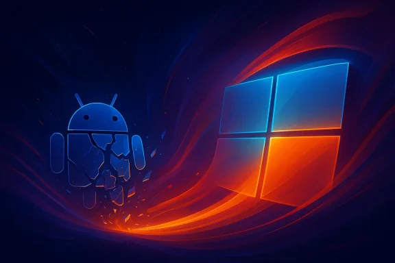Futuristic Android robot icon smashing a glowing Windows logo in a neon blue-red tech scene.