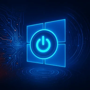 Blue neon circuit background featuring a glowing power button icon in the center.