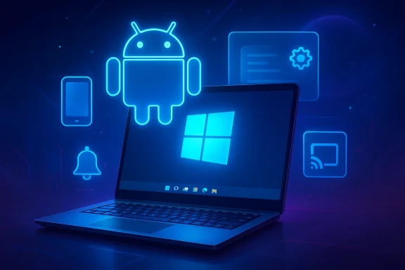 Neon blue laptop with Android, cloud, and security icons on a futuristic network background.