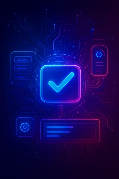Abstract neon circuitry with a large glowing checkmark inside a blue/purple notification icon.