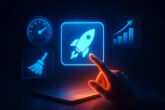 Hand pressing a neon laptop screen showing a rocket, timer, productivity icons, and an upward chart.