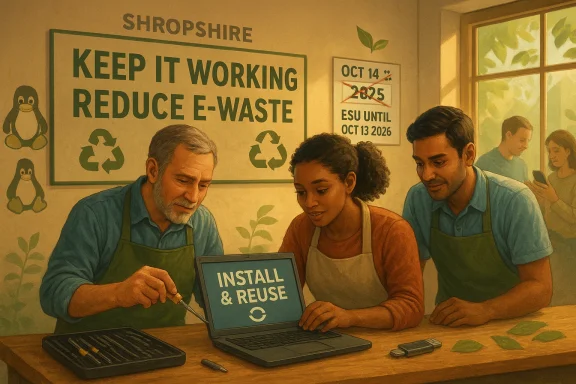 Recycling-themed office scene with workers installing and reusing, while a “Keep it working reduce e-waste” sign hangs behind.