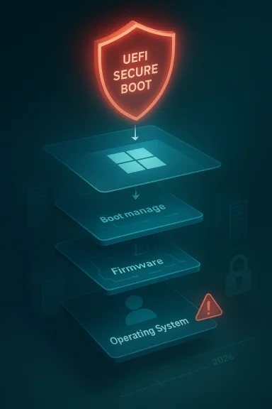 UEFI secure boot shield over boot stages, showing firmware and operating system with a warning icon.
