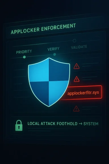 Glowing cybersecurity interface showing a shield labeled “Applocker Enforcement” with “Local attack foothold → system.”