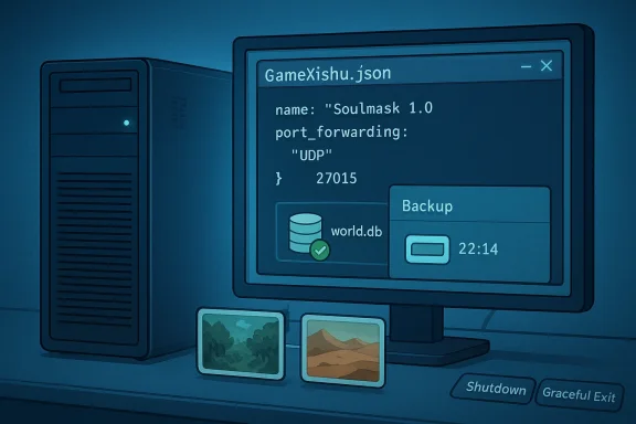 Monitor showing a GameXishu.json update for “Soulmask 1.0” with UDP port forwarding and a backup time.