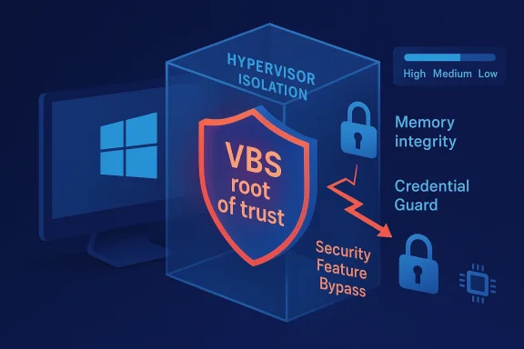 3D graphic showing VBS “root of trust” security features with memory integrity, credential guard, and isolation.