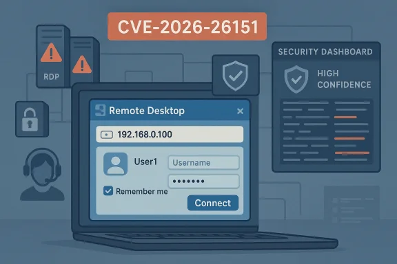 Hacker-themed security screen showing a “Remote Desktop” login and a CVE-2026-26151 alert.