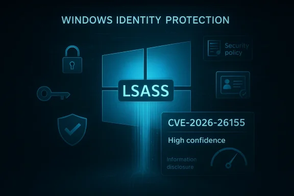 Abstract graphic reading “Windows Identity Protection,” showing LSASS and vulnerability CVE-2026-26155 high confidence.