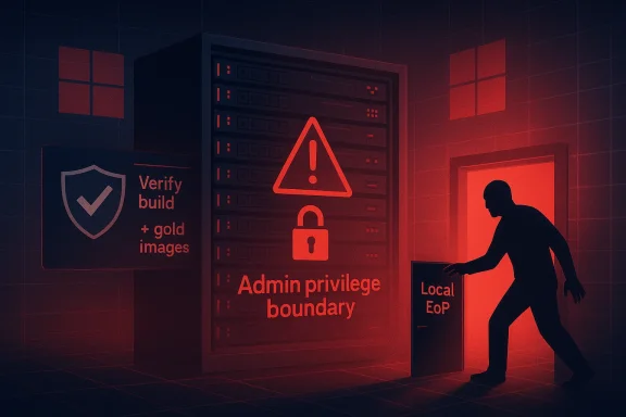 Hacker silhouette inside a red-lit server room, warning of an “Admin privilege boundary” exploit.