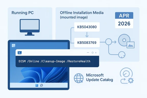 Illustration showing offline Windows PC installation media and DISM command with Microsoft Update Catalog for April 2026.