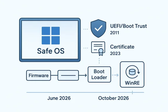 Diagram showing secure boot chain with Safe OS, UEFI/Boot Trust, certificate updates, and WinRE timing (2026).