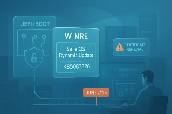 Cybersecurity UI shows WinRE safe OS dynamic update and June 2026 certificate renewal alert.