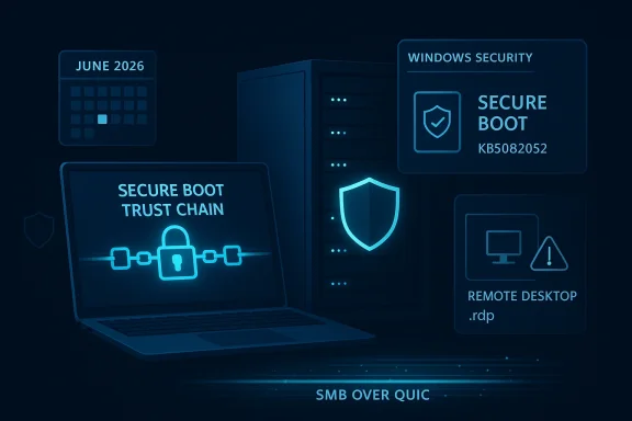 Futuristic cybersecurity graphic showing Windows Security and secure boot trust chain on a laptop display.