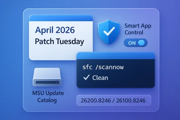 Futuristic blue UI showing April 2026 Patch Tuesday, MSU update catalog, and sfc/scannow clean.