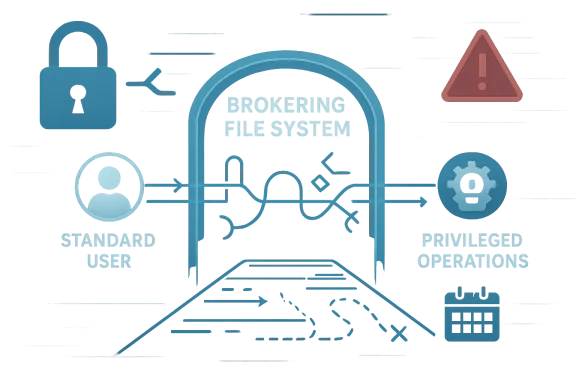 Digital illustration of a “Brokering File System” with standard user, privileged operations, and warning icons.