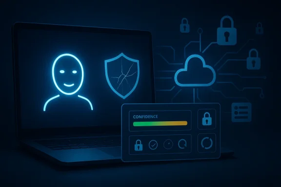 Blue cybersecurity scene showing a glowing face and shield on a laptop, with lock icons and a confidence bar.