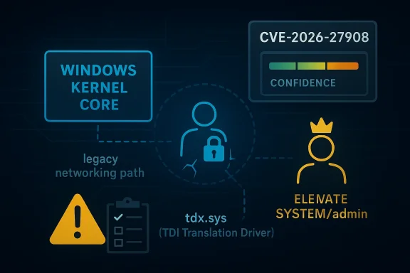 Cybersecurity concept graphic highlighting Windows kernel core and CVE-2026-27908 risks.