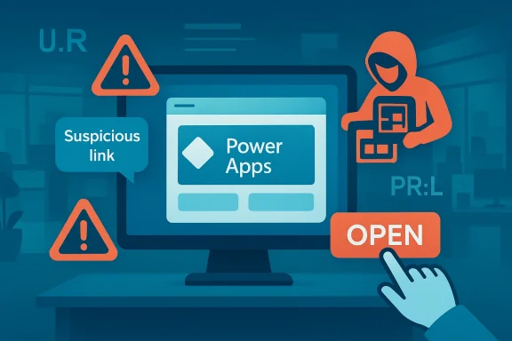 Illustration of a computer with a “Suspicious link” warning and a user icon reaching for “OPEN,” suggesting risky Power Apps.