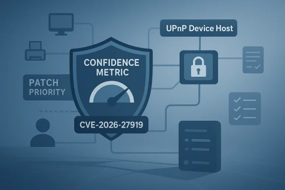 Cybersecurity network illustration with a confidence metric shield and CVE-2026-27919 alert.