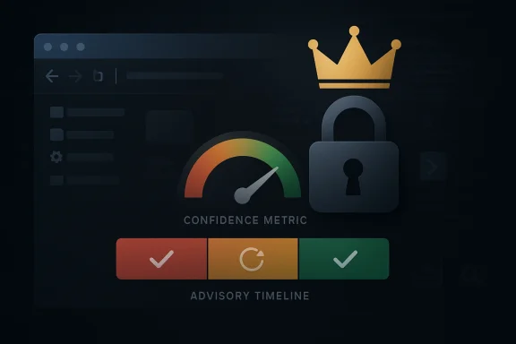 Lock and crown over a dashboard with a multicolor confidence gauge and check-mark timeline.