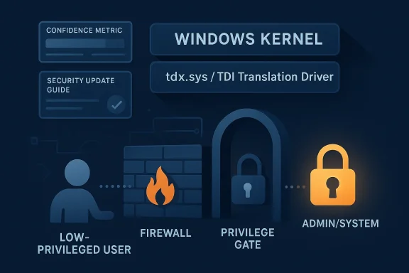 Cybersecurity diagram showing Windows kernel threats: low-privileged user, firewall, privilege gate, and admin/system locked.