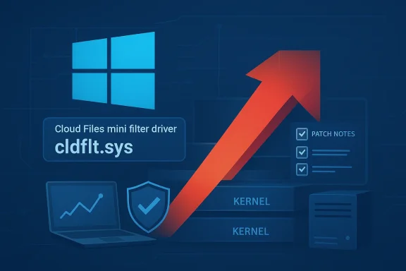 Digital tech graphic showing a red upward arrow over Windows cloud files and “cldflt.sys” driver.