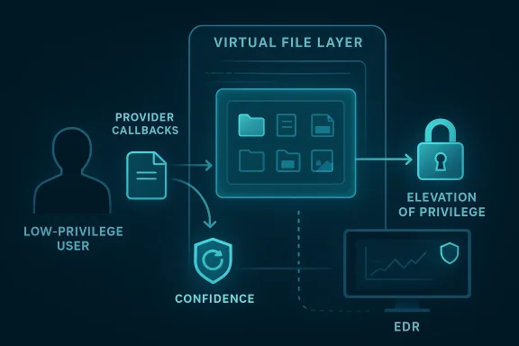 Cybersecurity diagram showing virtual file layer, low-privilege user, confidence, EDR, and privilege elevation.